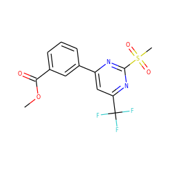 COC(=O)c1cccc(-c2cc(C(F)(F)F)nc(S(C)(=O)=O)n2)c1 ZINC001772642061