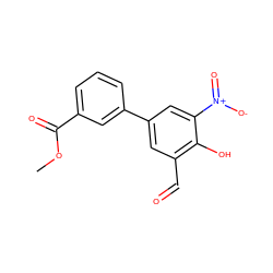 COC(=O)c1cccc(-c2cc(C=O)c(O)c([N+](=O)[O-])c2)c1 ZINC000169699655