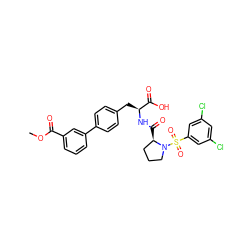 COC(=O)c1cccc(-c2ccc(C[C@H](NC(=O)[C@@H]3CCCN3S(=O)(=O)c3cc(Cl)cc(Cl)c3)C(=O)O)cc2)c1 ZINC000026644995