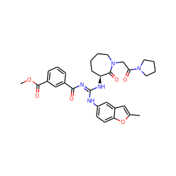 COC(=O)c1cccc(C(=O)/N=C(\Nc2ccc3oc(C)cc3c2)N[C@H]2CCCCN(CC(=O)N3CCCC3)C2=O)c1 ZINC000049695332