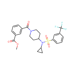 COC(=O)c1cccc(C(=O)N2CCC(N(C3CC3)S(=O)(=O)c3cccc(C(F)(F)F)c3)CC2)c1 ZINC000095579114