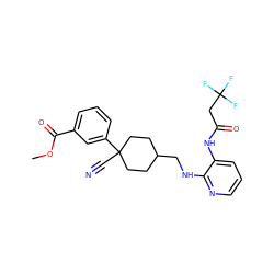 COC(=O)c1cccc(C2(C#N)CCC(CNc3ncccc3NC(=O)CC(F)(F)F)CC2)c1 ZINC000028818997