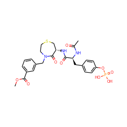 COC(=O)c1cccc(CN2CCSC[C@H](NC(=O)[C@H](Cc3ccc(OP(=O)(O)O)cc3)NC(C)=O)C2=O)c1 ZINC000026189789