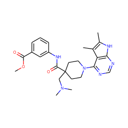 COC(=O)c1cccc(NC(=O)C2(CN(C)C)CCN(c3ncnc4[nH]c(C)c(C)c34)CC2)c1 ZINC000473115298