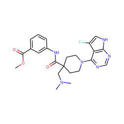 COC(=O)c1cccc(NC(=O)C2(CN(C)C)CCN(c3ncnc4[nH]cc(F)c34)CC2)c1 ZINC000473113212