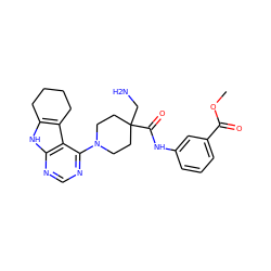 COC(=O)c1cccc(NC(=O)C2(CN)CCN(c3ncnc4[nH]c5c(c34)CCCC5)CC2)c1 ZINC000653852813