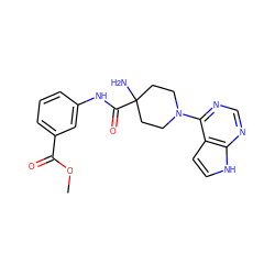 COC(=O)c1cccc(NC(=O)C2(N)CCN(c3ncnc4[nH]ccc34)CC2)c1 ZINC000473114366