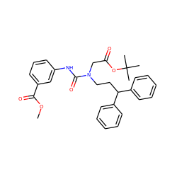 COC(=O)c1cccc(NC(=O)N(CCC(c2ccccc2)c2ccccc2)CC(=O)OC(C)(C)C)c1 ZINC000095601731