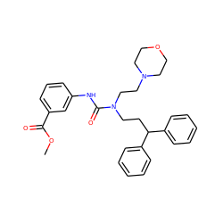 COC(=O)c1cccc(NC(=O)N(CCC(c2ccccc2)c2ccccc2)CCN2CCOCC2)c1 ZINC000095603920