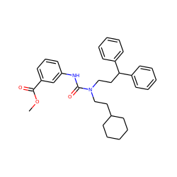 COC(=O)c1cccc(NC(=O)N(CCC2CCCCC2)CCC(c2ccccc2)c2ccccc2)c1 ZINC000095601740