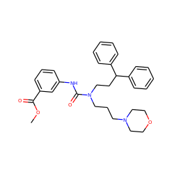 COC(=O)c1cccc(NC(=O)N(CCCN2CCOCC2)CCC(c2ccccc2)c2ccccc2)c1 ZINC000095602854