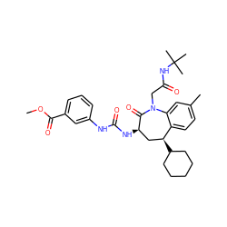 COC(=O)c1cccc(NC(=O)N[C@@H]2C[C@H](C3CCCCC3)c3ccc(C)cc3N(CC(=O)NC(C)(C)C)C2=O)c1 ZINC000029558821