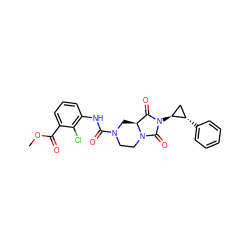 COC(=O)c1cccc(NC(=O)N2CCN3C(=O)N([C@H]4C[C@@H]4c4ccccc4)C(=O)[C@@H]3C2)c1Cl ZINC000072175246