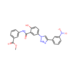 COC(=O)c1cccc(NC(=O)c2cc(-n3cc(-c4cccc([N+](=O)[O-])c4)nn3)ccc2O)c1 ZINC000653918641