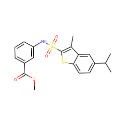 COC(=O)c1cccc(NS(=O)(=O)c2sc3ccc(C(C)C)cc3c2C)c1 ZINC000114593337