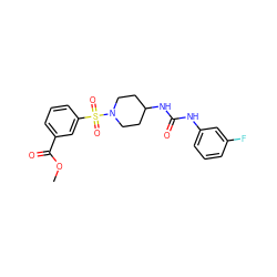 COC(=O)c1cccc(S(=O)(=O)N2CCC(NC(=O)Nc3cccc(F)c3)CC2)c1 ZINC000001346028