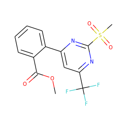 COC(=O)c1ccccc1-c1cc(C(F)(F)F)nc(S(C)(=O)=O)n1 ZINC001772570423