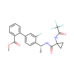 COC(=O)c1ccccc1-c1ccc([C@@H](C)NC(=O)C2(NC(=O)C(F)(F)F)CC2)c(F)c1 ZINC000035090735