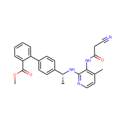 COC(=O)c1ccccc1-c1ccc([C@@H](C)Nc2nccc(C)c2NC(=O)CC#N)cc1 ZINC000095607709