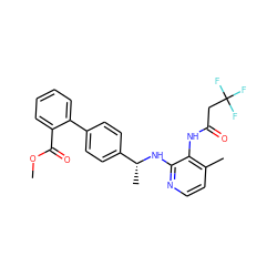 COC(=O)c1ccccc1-c1ccc([C@@H](C)Nc2nccc(C)c2NC(=O)CC(F)(F)F)cc1 ZINC000095607701