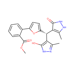 COC(=O)c1ccccc1-c1ccc([C@@H](c2c(C)n[nH]c2O)c2c(C)[nH][nH]c2=O)o1 ZINC000020027275