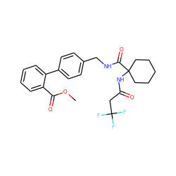 COC(=O)c1ccccc1-c1ccc(CNC(=O)C2(NC(=O)CC(F)(F)F)CCCCC2)cc1 ZINC000013681588