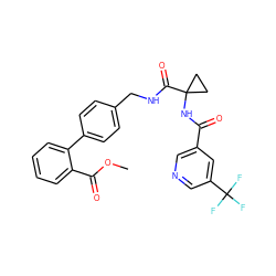 COC(=O)c1ccccc1-c1ccc(CNC(=O)C2(NC(=O)c3cncc(C(F)(F)F)c3)CC2)cc1 ZINC000013681601