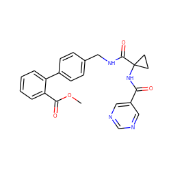 COC(=O)c1ccccc1-c1ccc(CNC(=O)C2(NC(=O)c3cncnc3)CC2)cc1 ZINC000013681598