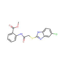 COC(=O)c1ccccc1NC(=O)CSc1nc2cc(Cl)ccc2[nH]1 ZINC000006618183