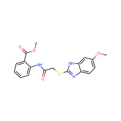 COC(=O)c1ccccc1NC(=O)CSc1nc2ccc(OC)cc2[nH]1 ZINC000005455374