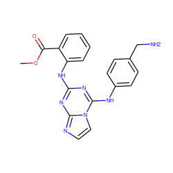 COC(=O)c1ccccc1Nc1nc(Nc2ccc(CN)cc2)n2ccnc2n1 ZINC000299860646