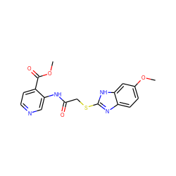 COC(=O)c1ccncc1NC(=O)CSc1nc2ccc(OC)cc2[nH]1 ZINC001772637032