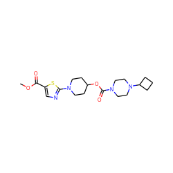 COC(=O)c1cnc(N2CCC(OC(=O)N3CCN(C4CCC4)CC3)CC2)s1 ZINC000207229130