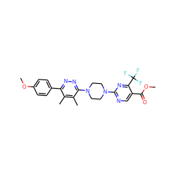 COC(=O)c1cnc(N2CCN(c3nnc(-c4ccc(OC)cc4)c(C)c3C)CC2)nc1C(F)(F)F ZINC000201144517