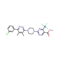 COC(=O)c1cnc(N2CCN(c3nnc(-c4cccc(Cl)c4)c(C)c3C)CC2)nc1C(F)(F)F ZINC000201145452