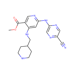 COC(=O)c1cnc(Nc2cnc(C#N)cn2)cc1NCC1CCNCC1 ZINC000082154500