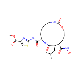 COC(=O)c1csc(NC(=O)[C@@H]2CCCCNC(=O)OCCC[C@H](C(=O)NO)[C@@H](CC(C)C)C(=O)N2)n1 ZINC000026580117