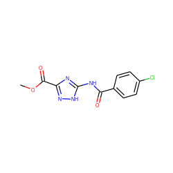 COC(=O)c1n[nH]c(NC(=O)c2ccc(Cl)cc2)n1 ZINC000004200558