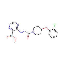 COC(=O)c1nccnc1NCC(=O)N1CCC(Oc2ccccc2Cl)CC1 ZINC000052988075