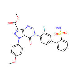 COC(=O)c1nn(-c2ccc(OC)cc2)c2c(=O)n(-c3ccc(-c4ccccc4S(N)(=O)=O)cc3F)cnc12 ZINC000014950485