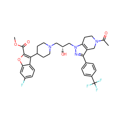 COC(=O)c1oc2cc(F)ccc2c1C1CCN(C[C@@H](O)Cn2nc(-c3ccc(C(F)(F)F)cc3)c3c2CCN(C(C)=O)C3)CC1 ZINC000028824378