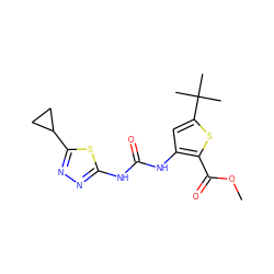 COC(=O)c1sc(C(C)(C)C)cc1NC(=O)Nc1nnc(C2CC2)s1 ZINC000026670378