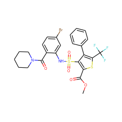 COC(=O)c1sc(C(F)(F)F)c(-c2ccccc2)c1S(=O)(=O)Nc1cc(Br)ccc1C(=O)N1CCCCC1 ZINC000028969407