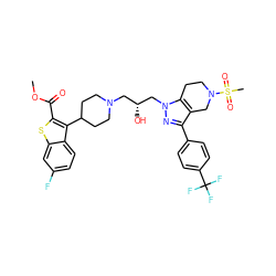 COC(=O)c1sc2cc(F)ccc2c1C1CCN(C[C@@H](O)Cn2nc(-c3ccc(C(F)(F)F)cc3)c3c2CCN(S(C)(=O)=O)C3)CC1 ZINC000028824387