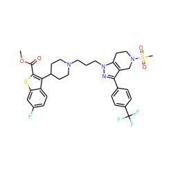 COC(=O)c1sc2cc(F)ccc2c1C1CCN(CCCn2nc(-c3ccc(C(F)(F)F)cc3)c3c2CCN(S(C)(=O)=O)C3)CC1 ZINC000028824392