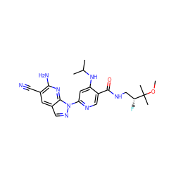 COC(C)(C)[C@H](F)CNC(=O)c1cnc(-n2ncc3cc(C#N)c(N)nc32)cc1NC(C)C ZINC001772604023