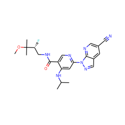 COC(C)(C)[C@H](F)CNC(=O)c1cnc(-n2ncc3cc(C#N)cnc32)cc1NC(C)C ZINC001772599713