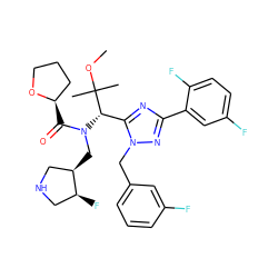 COC(C)(C)[C@H](c1nc(-c2cc(F)ccc2F)nn1Cc1cccc(F)c1)N(C[C@@H]1CNC[C@@H]1F)C(=O)[C@@H]1CCCO1 ZINC000144554807