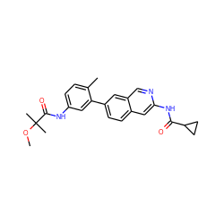 COC(C)(C)C(=O)Nc1ccc(C)c(-c2ccc3cc(NC(=O)C4CC4)ncc3c2)c1 ZINC000144403722