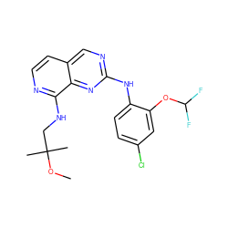 COC(C)(C)CNc1nccc2cnc(Nc3ccc(Cl)cc3OC(F)F)nc12 ZINC000224122218